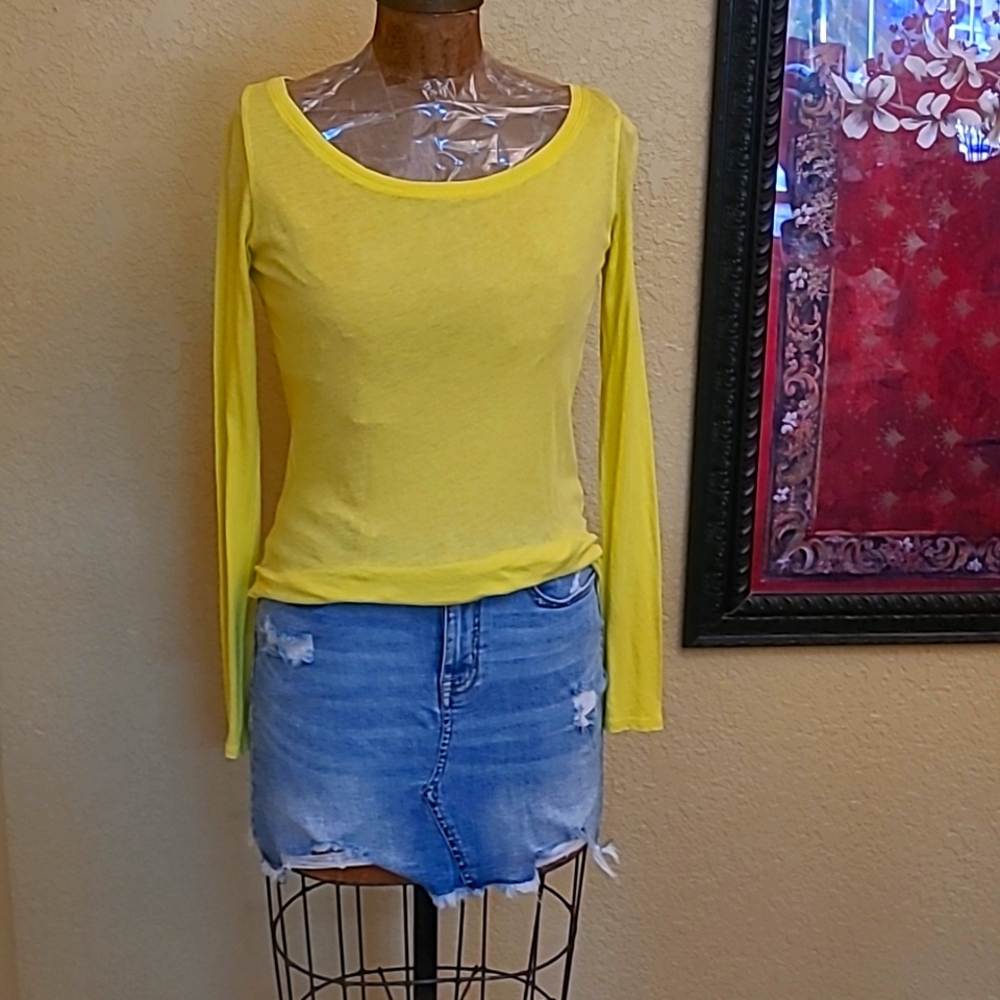 WOMENS POLO RALPH LAUREN BRIGHT YELLOW COTTON SHEER LONG SLEEVE T-SHIRT SIZE XS
